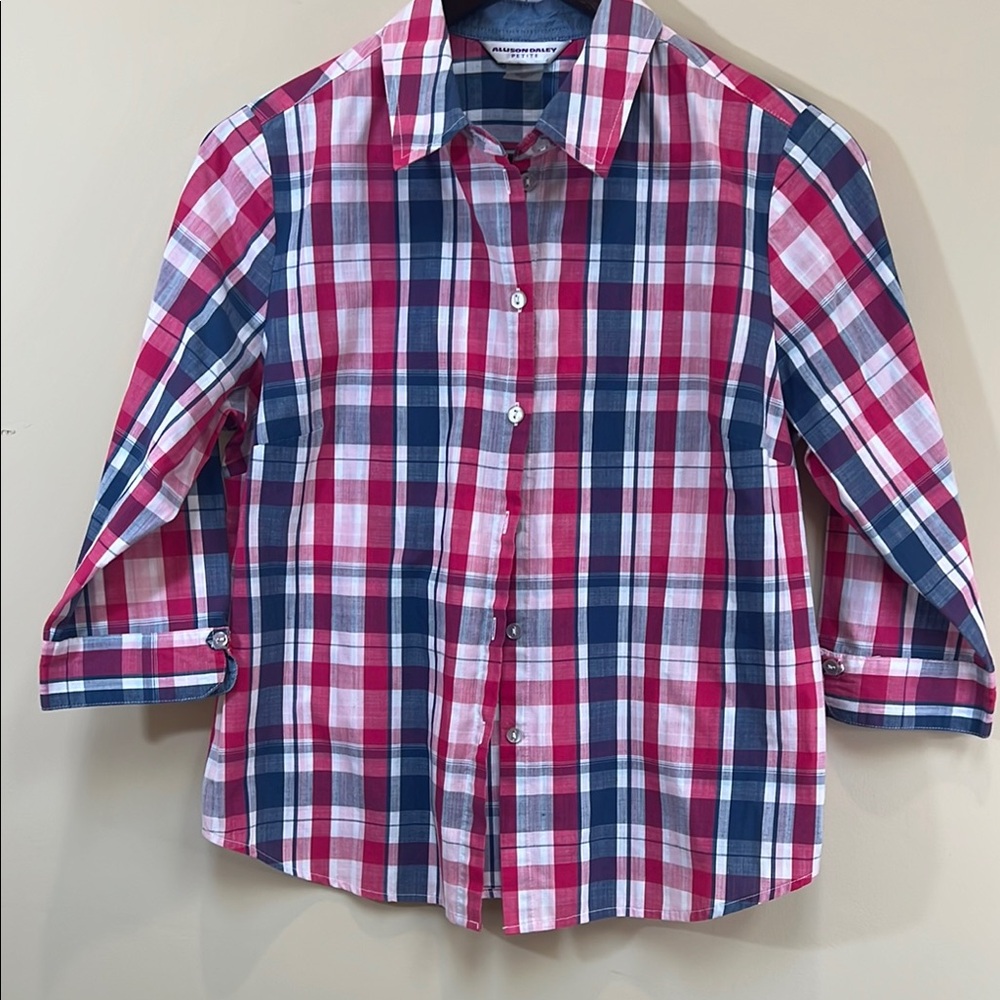 Women's Allison Daley Pink and Blue Plaid 3/4 Sleeve Top Preppy Office Casual 8
